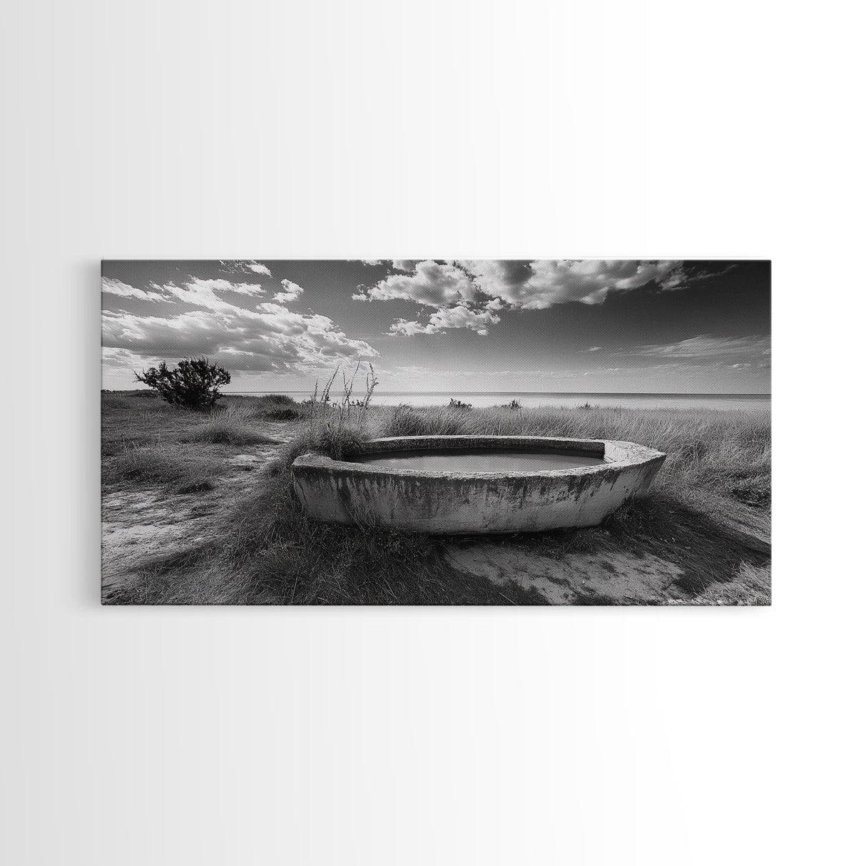 Concrete Trough, Coastal Horizon, Grassy Shoreline, Canvas Print, Rustic Farmhouse Bathroom Art, Minimalist Nature, Fall Beach Wall Decor