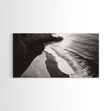 Shoreline Light, Coastal Waves, Cliff Shadow, Beach Edge, Framed Canvas Print, Ocean Minimalist Art, Bathroom Wall Decor