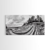 Striped Cliffs, Coastal Layers, Forest Edge, Earth Patterns, Framed Canvas Print, Nature Abstract Art, Bedroom Wall Decor
