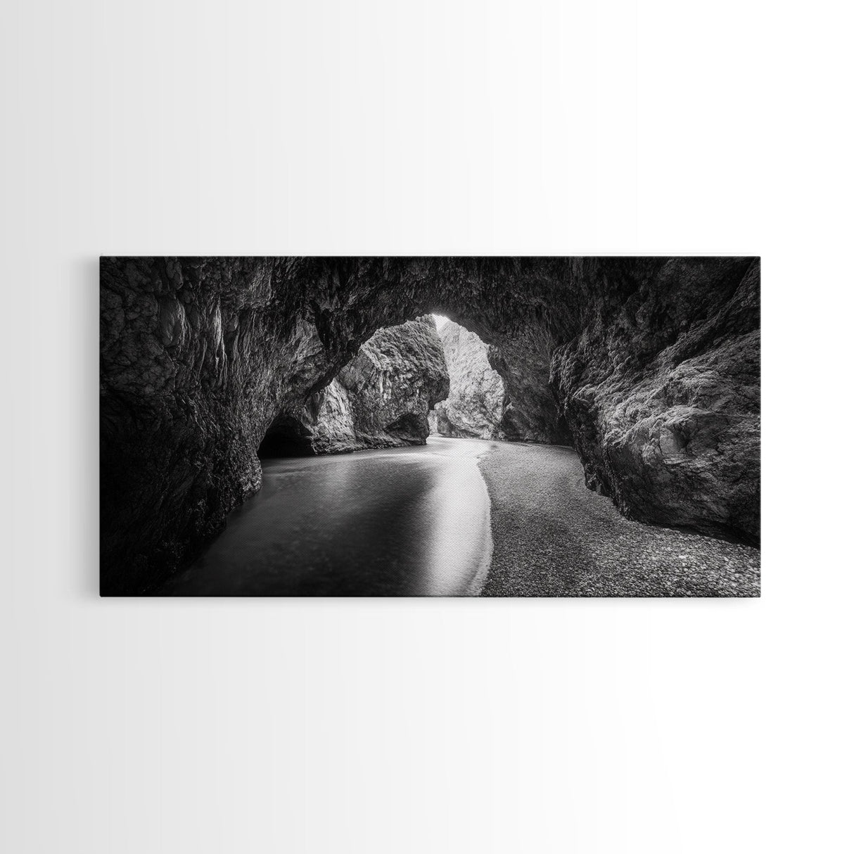Ocean Cave Flow, Coastal Rock Wall Art, Moody Nature Seascape, Black White Beach Decor, Boho Bathroom Accent, Canvas Print, Monochrome Art