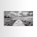 Surfboard, Rocky Shore, Cloudy Sea, Coastal Adventure, Beach Aesthetic, Canvas Print, Minimalist Ocean Art, Nautical Wall Decor, Bathroom Wall Art