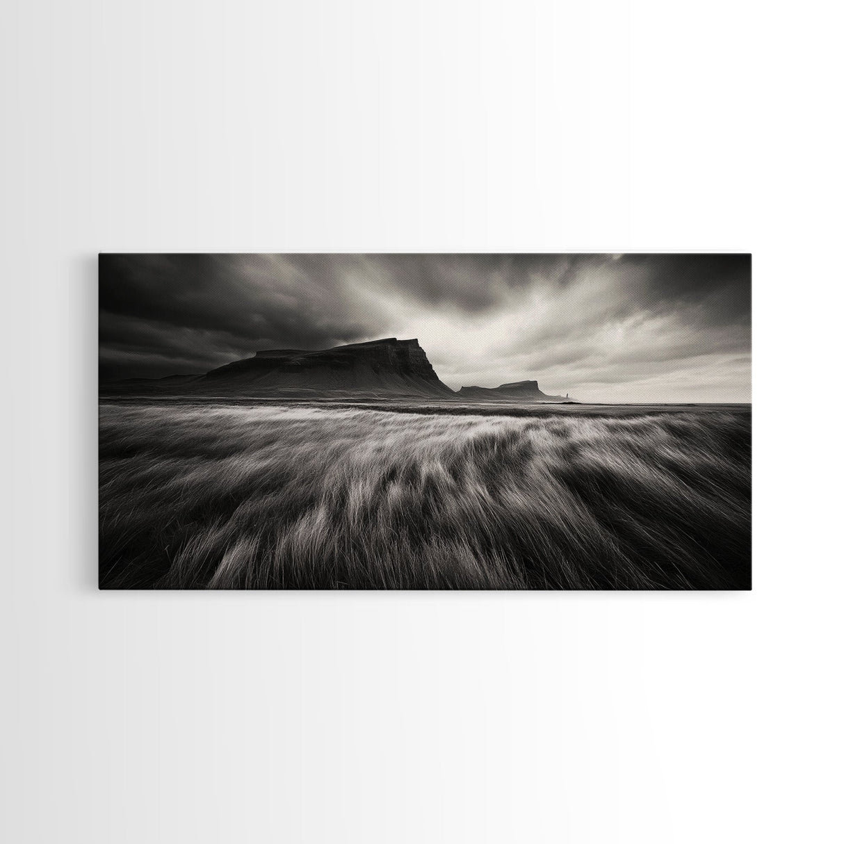 Grassy Plains, Stormy Sky, Dramatic Mountain, Monochrome Field, Canvas Print, Modern Minimalist Art, Office Wall Decor, Moody Wall Art