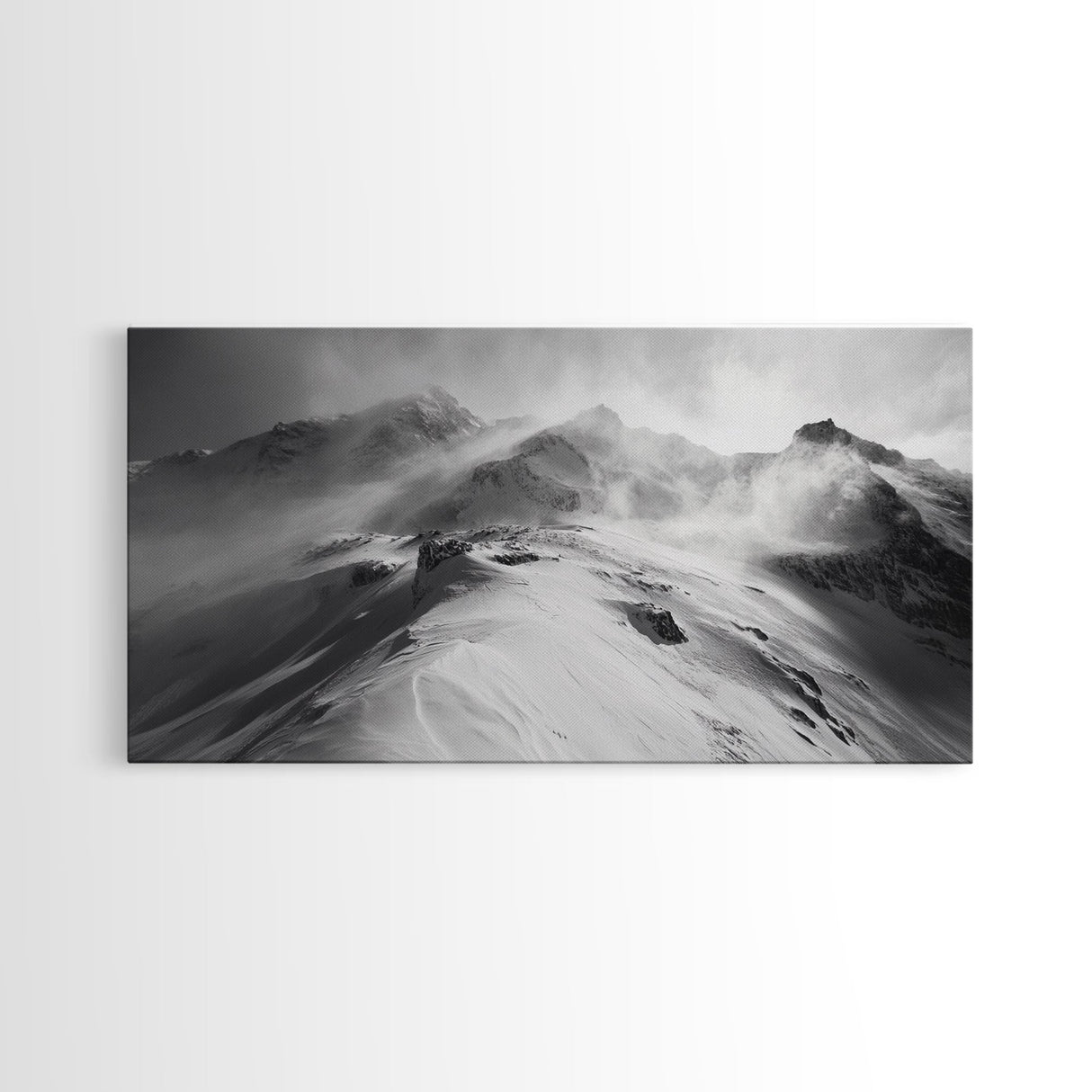 Snowy Peak, Windy Mountain, Winter Landscape, Framed Canvas Print, Black and White Art, Cabin Wall Decor, Moody Alpine Art, Rustic Wall Art