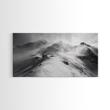 Snowy Peak, Windy Mountain, Winter Landscape, Framed Canvas Print, Black and White Art, Cabin Wall Decor, Moody Alpine Art, Rustic Wall Art