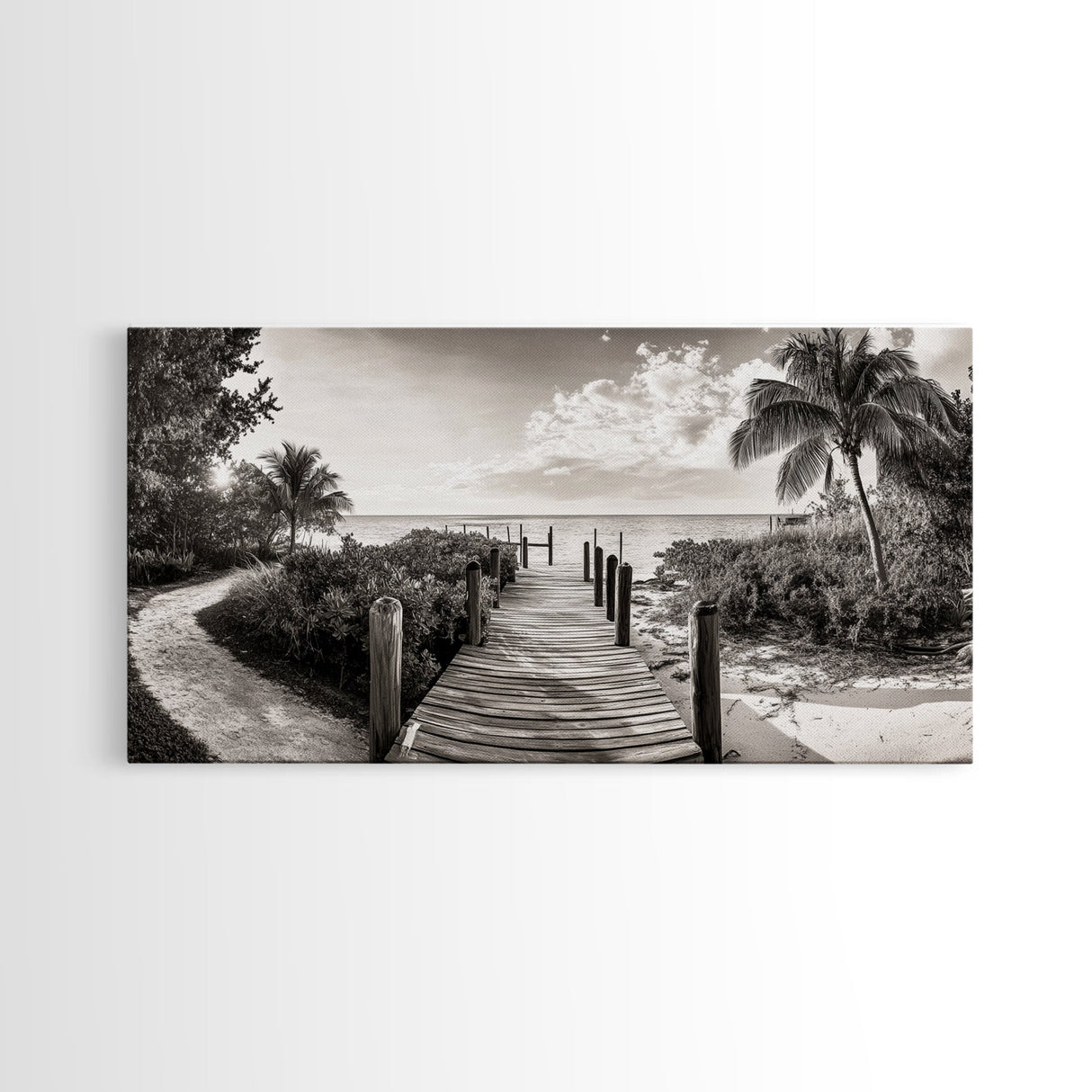 Beach Path, Coastal Dock, Tropical Palms, Canvas Print, Vacation Vibes, Boho Seaside Decor, Bathroom Wall Art, Nautical Island Landscape