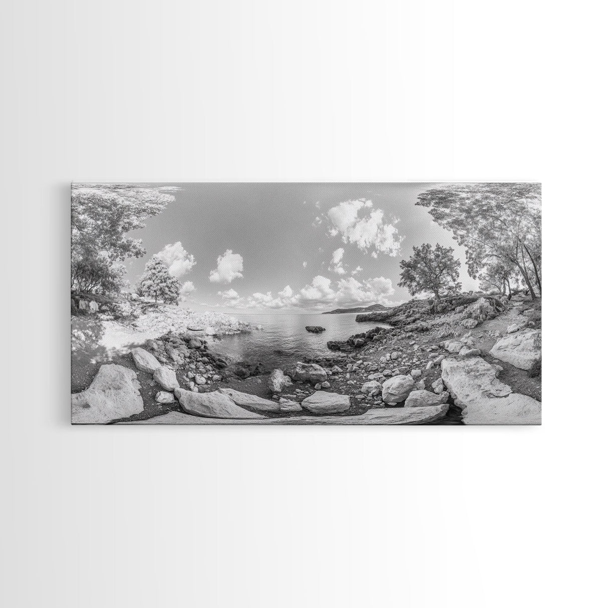 Rocky Cove, Tranquil Bay, Forest Edge, Panoramic Beach, Framed Canvas Print, Nature Art, Bathroom Wall Decor, Earthy Coastal View