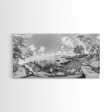 Rocky Cove, Tranquil Bay, Forest Edge, Panoramic Beach, Framed Canvas Print, Nature Art, Bathroom Wall Decor, Earthy Coastal View
