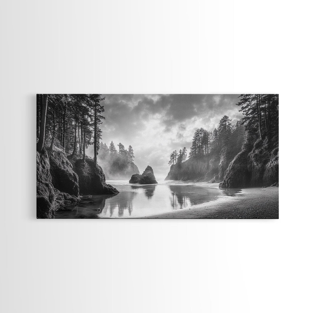 Forest Coast, Secluded Beach, Ocean Rocks, Misty Trees, Framed Canvas Print, Nature Wall Art, Living Room Decor, Moody Landscape