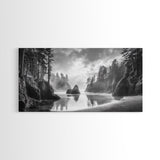 Forest Coast, Secluded Beach, Ocean Rocks, Misty Trees, Framed Canvas Print, Nature Wall Art, Living Room Decor, Moody Landscape