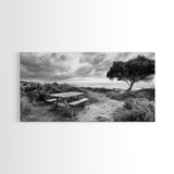 Picnic Table, Ocean Tree, Coastal Path, Windswept Scene, Framed Canvas Print, Rustic Wall Art, Fall Decor, Peaceful Beach Setting