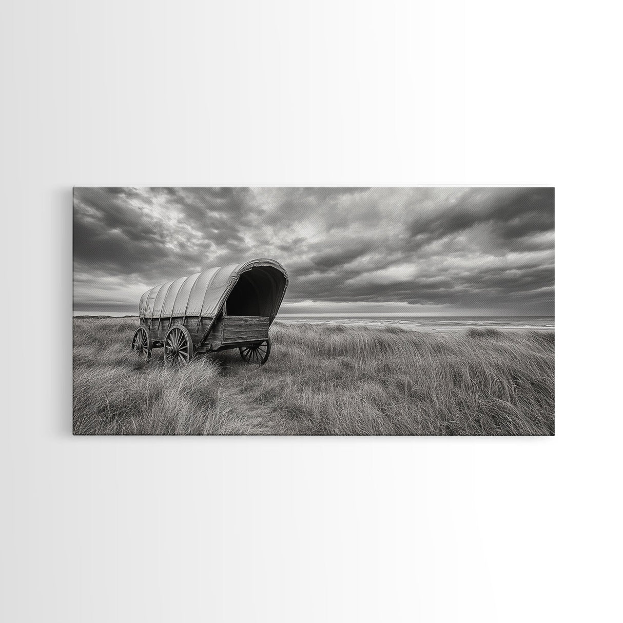 Prairie Wagon, Coastal Grass, Covered Cart, Western Landscape, Framed Canvas Print, Rustic Fall Art, Living Room Wall Decor