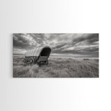Prairie Wagon, Coastal Grass, Covered Cart, Western Landscape, Framed Canvas Print, Rustic Fall Art, Living Room Wall Decor