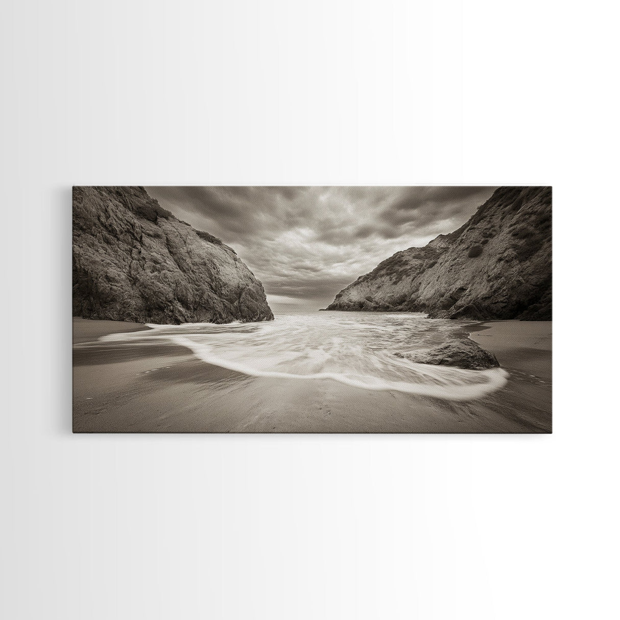 Secluded Beach Cove, Coastal Seascape, Sepia Landscape Art, Framed Canvas Print, Bathroom or Bedroom Wall Decor, Nature Inspired