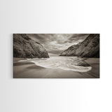 Secluded Beach Cove, Coastal Seascape, Sepia Landscape Art, Framed Canvas Print, Bathroom or Bedroom Wall Decor, Nature Inspired