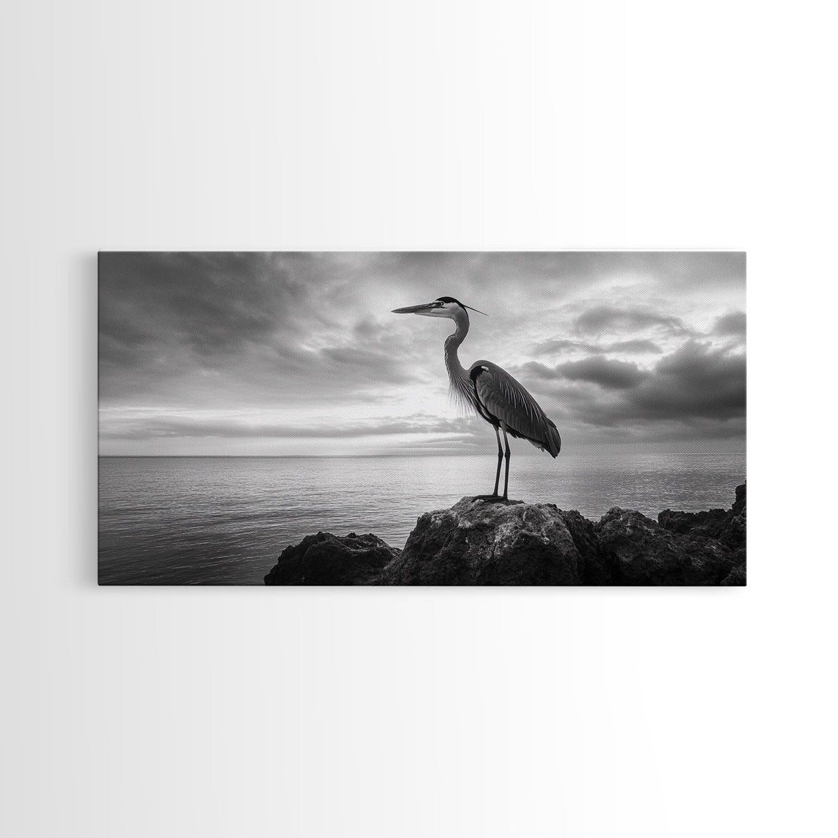 Heron Bird, Ocean Rock, Serene Wildlife, Canvas Print, Coastal Wall Art, Modern Farmhouse Decor, Minimalist Animal Scene