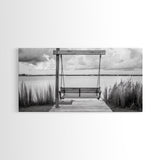 Rustic Lake Swing, Tranquil Nature Scene, Porch Art, Landscape Photography, Framed Canvas Print, Country Decor, Living Room Wall Art