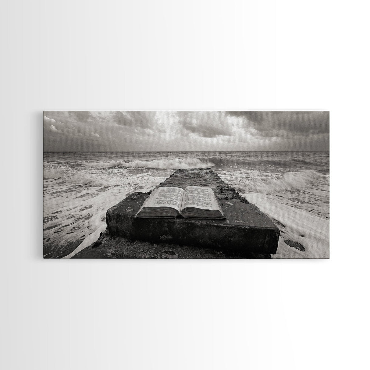 Ocean and Book, Moody Literary Print, Surreal Seascape Art, Framed Canvas Print, Library or Reading Nook Wall Decor, Dark Academia