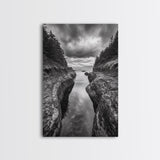 Rocky Waterway, Coastal Reflections, Dramatic Cloudscape, Ocean Nature Print, Framed Canvas Print, Bathroom Wall Art, Modern Rustic Style