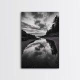 Reflective Tide Pool, Dramatic Sky, Forest Silhouette, Black and White Seascape, Framed Canvas Print, Living Room Wall Art, Nature Boho Style