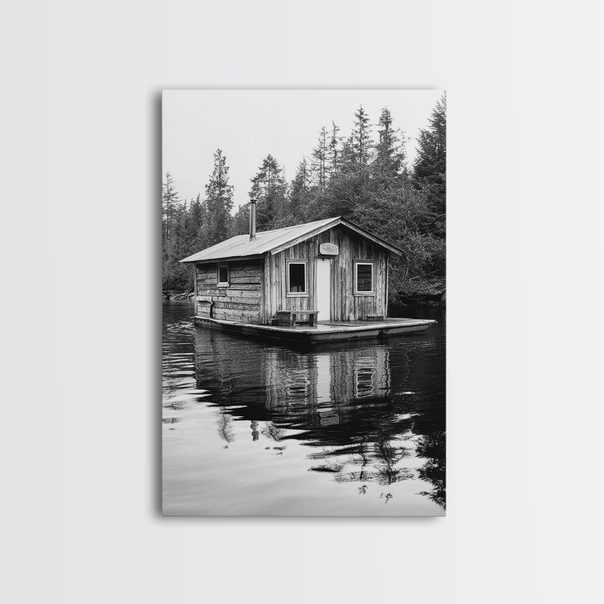 Floating Cabin, Lake House, Forest Reflection, Tranquil Waters, Framed Canvas Print, Bedroom Wall Art, Cabin Aesthetic, Rustic Nature Vibe