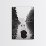 Driftwood Log, River Pass, Nature Silence, Misty Gorge, Framed Canvas Print, Office Wall Art, Modern Nature Decor, Moody Forest Style