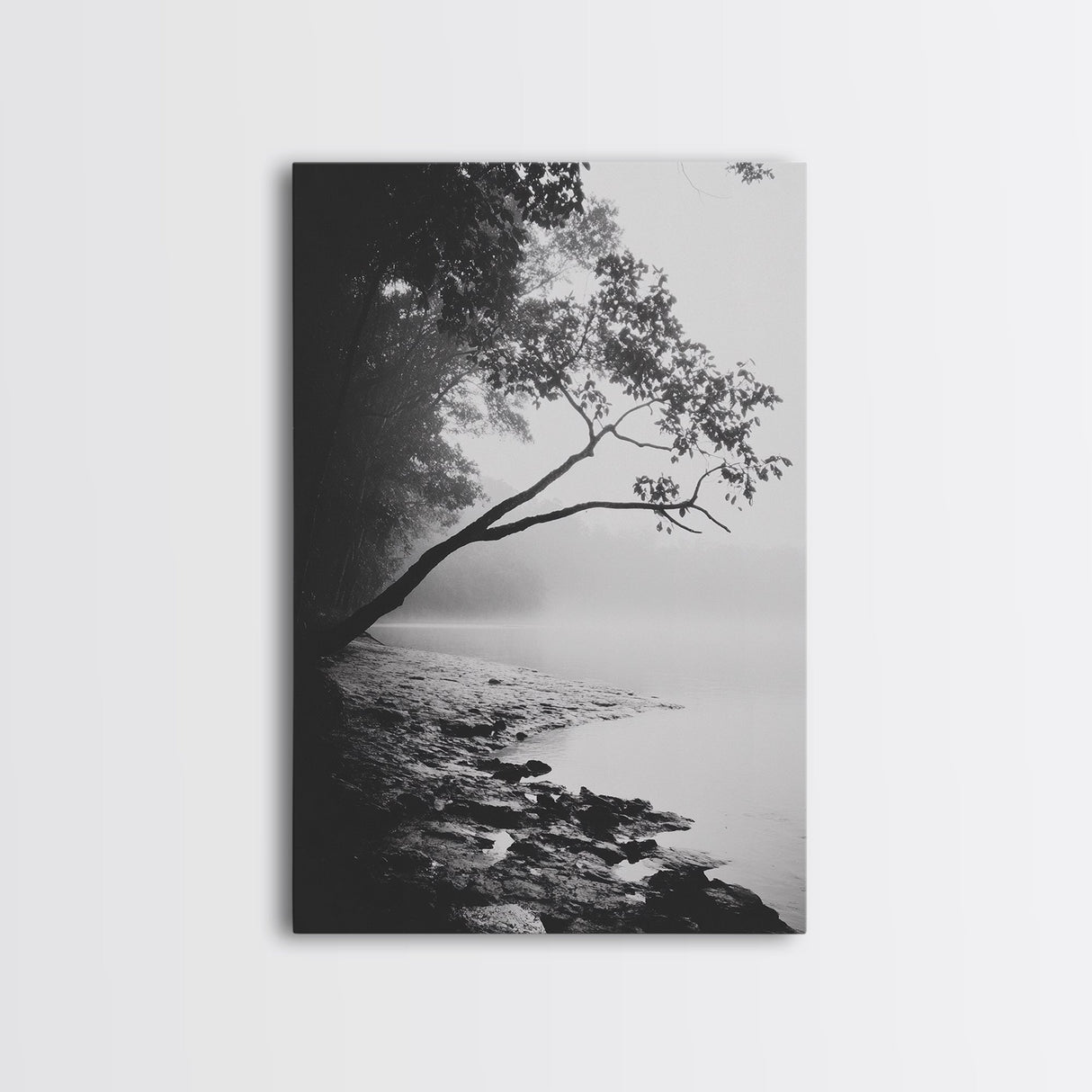 Misty Tree, Shoreline Fog, Forest Edge, Moody Atmosphere, Framed Canvas Print, Bedroom Wall Art, Autumn Woodland Style, Serene Nature Decor