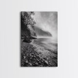 Foggy Coast, Moody Shore, Tranquil Pebbles, Forest Water, Framed Canvas Print, Bathroom Wall Art, Nature Photography Style, Calm Retreat Decor