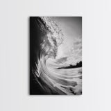 Ocean Wave Curl, Sea Barrel Art, Surf Power Print, Framed Canvas Print, Bathroom Wall Art, Modern Beach Decor, Black White Seascape
