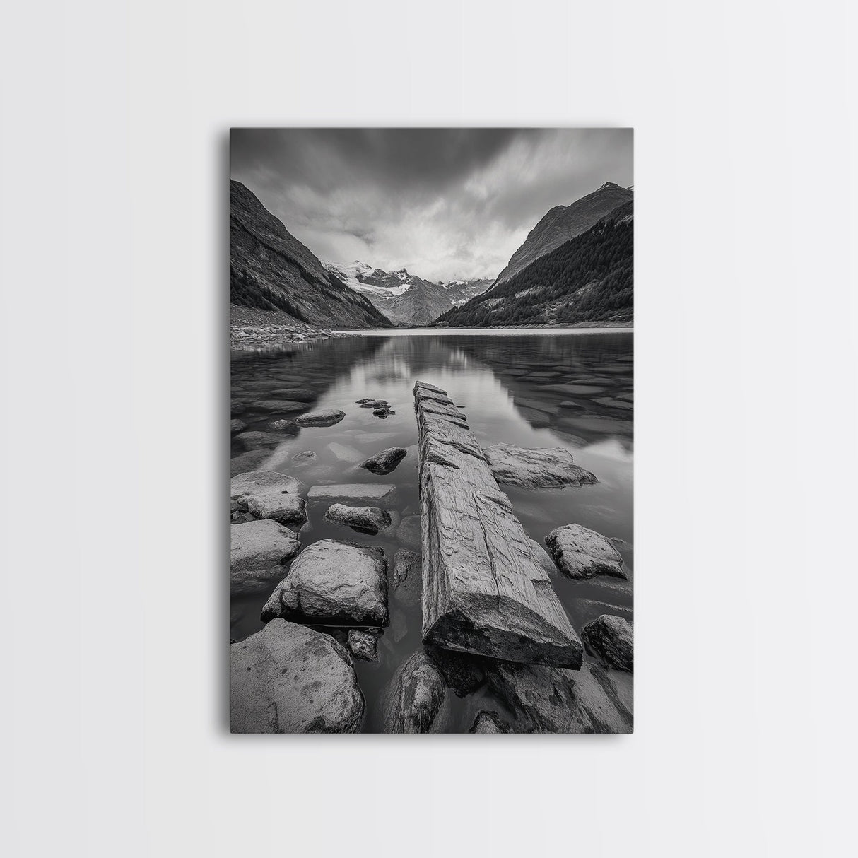 Mountain Lake Log, Alpine Serenity Scene, Tranquil Rock Shore, Canvas Print, Bedroom Wall Art, Nature Retreat, Minimalist Landscape