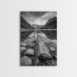 Mountain Lake Log, Alpine Serenity Scene, Tranquil Rock Shore, Canvas Print, Bedroom Wall Art, Nature Retreat, Minimalist Landscape