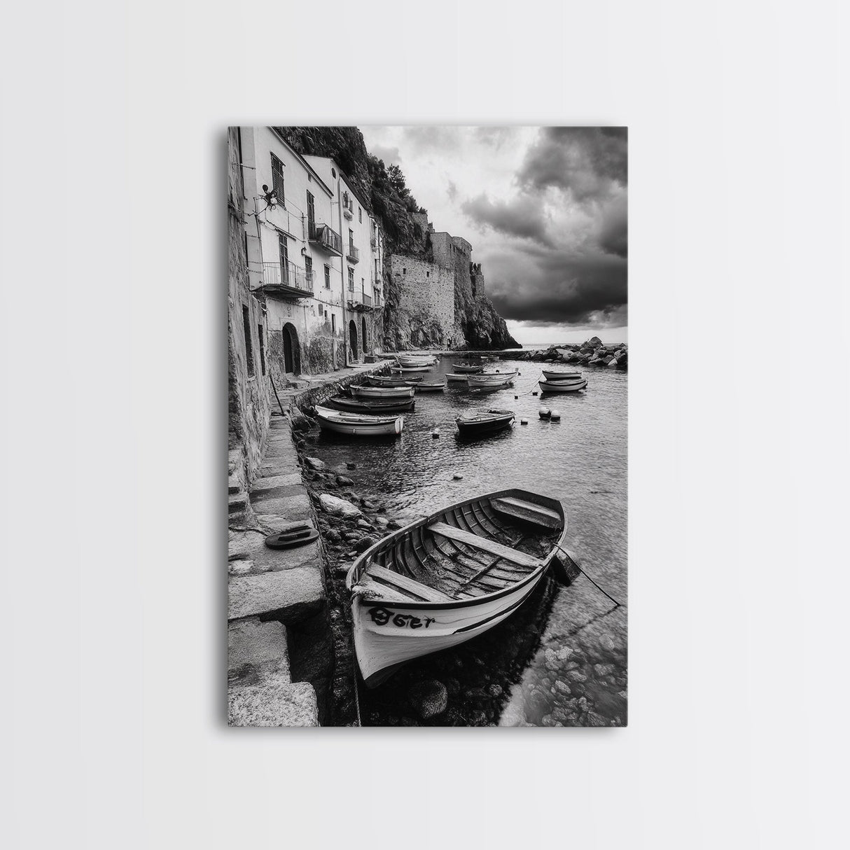 Coastal Village, Fishing Boats, Mediterranean Harbor, Seaside Charm, Framed Canvas Print, Nautical Kitchen Wall Art, Fall Decor Accent