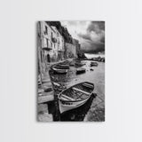 Coastal Village, Fishing Boats, Mediterranean Harbor, Seaside Charm, Framed Canvas Print, Nautical Kitchen Wall Art, Fall Decor Accent