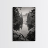 Misty Forest, River Reflection, Foggy Pines, Mountain Silence, Framed Canvas Print, Bedroom Wall Art, Tranquil Nature Photography, Zen Decor