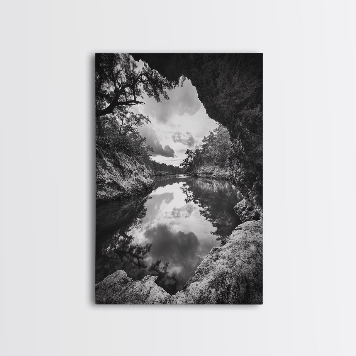 Serene River Reflection, Cave View, Monochrome Nature, Framed Canvas Print, Living Room Wall Art, Tranquil Landscape, Minimalist Decor