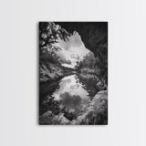 Serene River Reflection, Cave View, Monochrome Nature, Framed Canvas Print, Living Room Wall Art, Tranquil Landscape, Minimalist Decor
