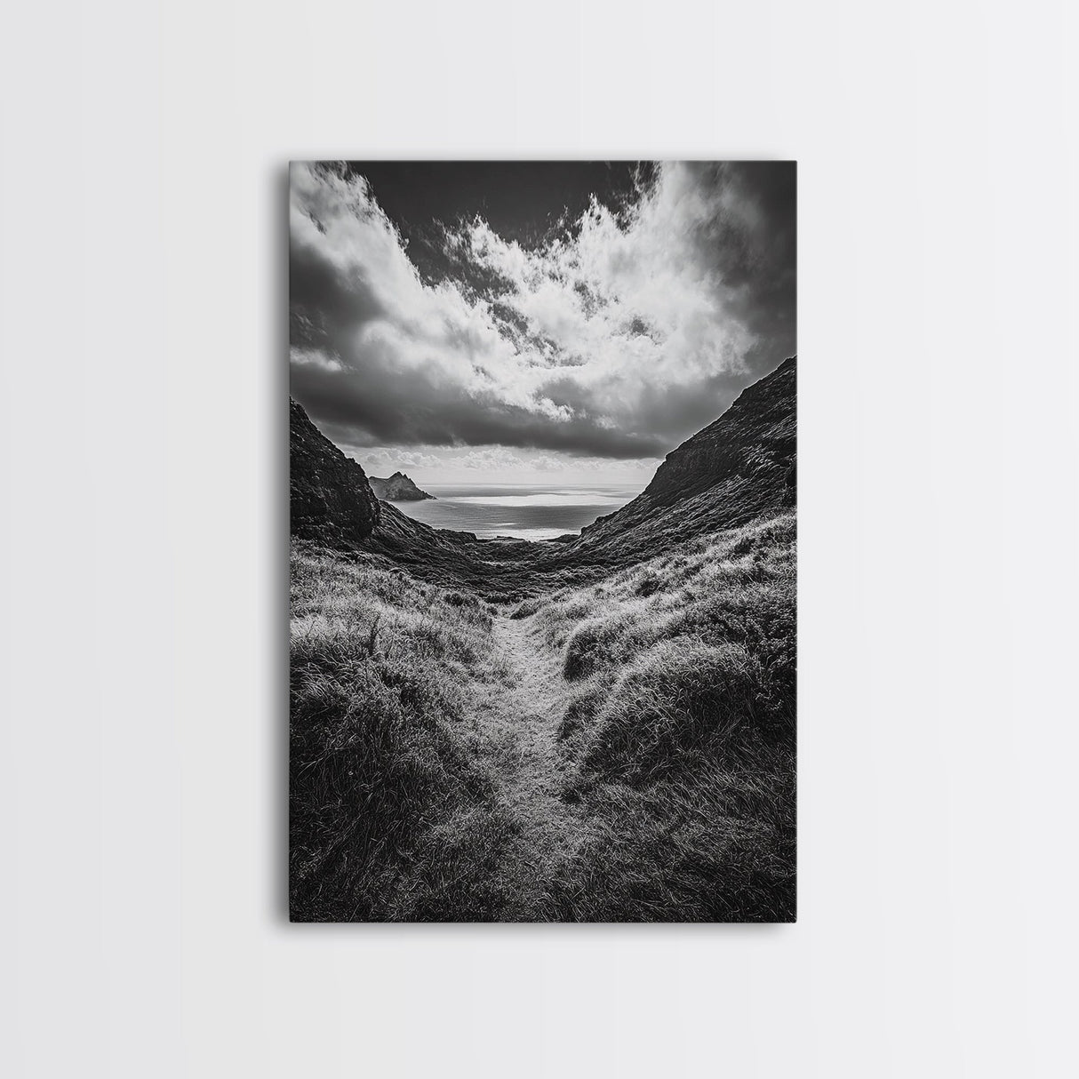 Highland Ocean Trail, Dramatic Clouds, Monochrome Nature, Canvas Print, Office Wall Art, Adventure Landscape, Rustic Home Decor