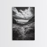 Highland Ocean Trail, Dramatic Clouds, Monochrome Nature, Canvas Print, Office Wall Art, Adventure Landscape, Rustic Home Decor