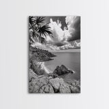 Island View Cliffs, Tropical Shoreline, Black and White Seascape, Framed Canvas Print, Bathroom Art, Travel Decor, Coastal Vibe