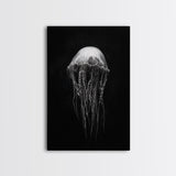 Elegant Jellyfish Art, Ocean Wildlife, Monochrome Marine, Framed Canvas Print, Bathroom Decor, Nautical Wall Art, Minimalist Sea Life