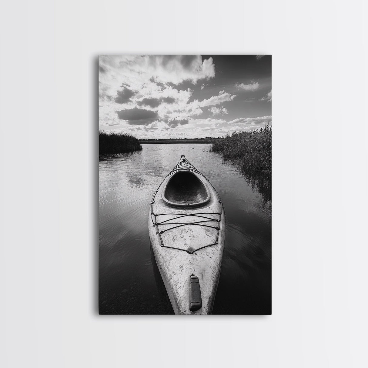 Kayak Lake View, Serene Water Landscape, Outdoor Adventure Art, Canvas Print, Cabin Wall Decor, Nature Lover Gift, Minimalist Water Art