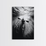Kayaking Exploration, River Reflections, Adventure Sport, Framed Canvas Print, Office Wall Art, Moody Travel Photography, Nature Wall Decor