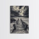 Stormy Beach Dock, Dramatic Skies, Coastal Mood, Framed Canvas Print, Fall Wall Art, Entryway Decor, Moody Seascape, Rustic Coastal Home