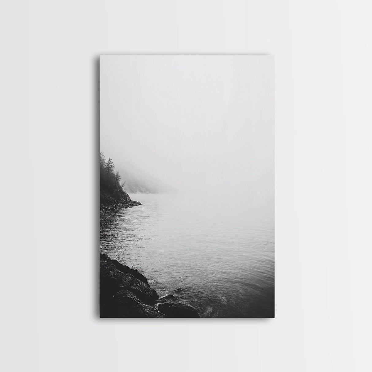 Misty Lakeshore, Foggy Forest Water, Monochrome Tranquility, Framed Canvas Print, Minimalist Art, Calm Landscape, Bedroom Wall Decor