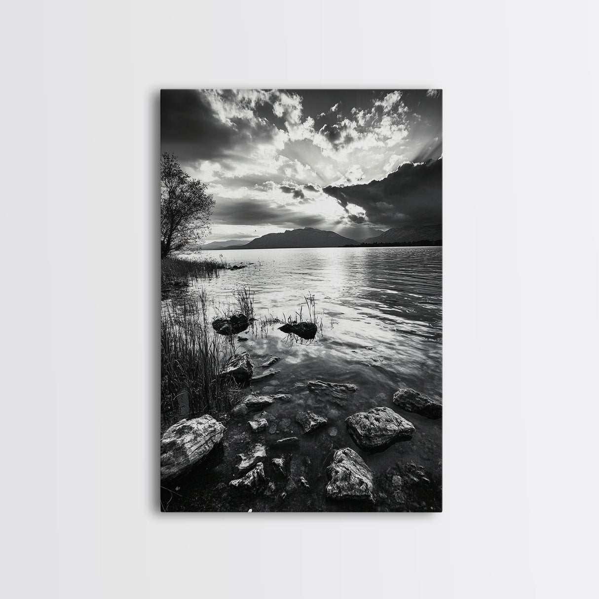 Lake Sunset View, Peaceful Mountainscape, Nature Reflection, Framed Canvas Print, Living Room Wall Art, Tranquil Scenic Landscape