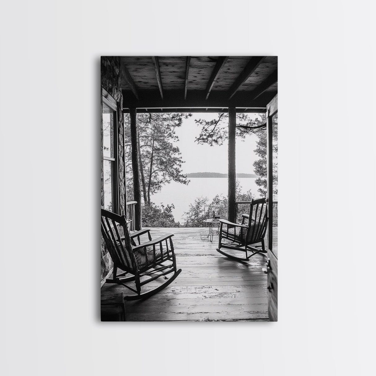 Rustic Porch View, Cabin Serenity, Lakefront Rocking Chairs, Framed Canvas Print, Farmhouse Wall Art, Living Room Decor, Fall Home Style