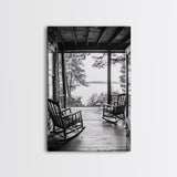 Rustic Porch View, Cabin Serenity, Lakefront Rocking Chairs, Framed Canvas Print, Farmhouse Wall Art, Living Room Decor, Fall Home Style