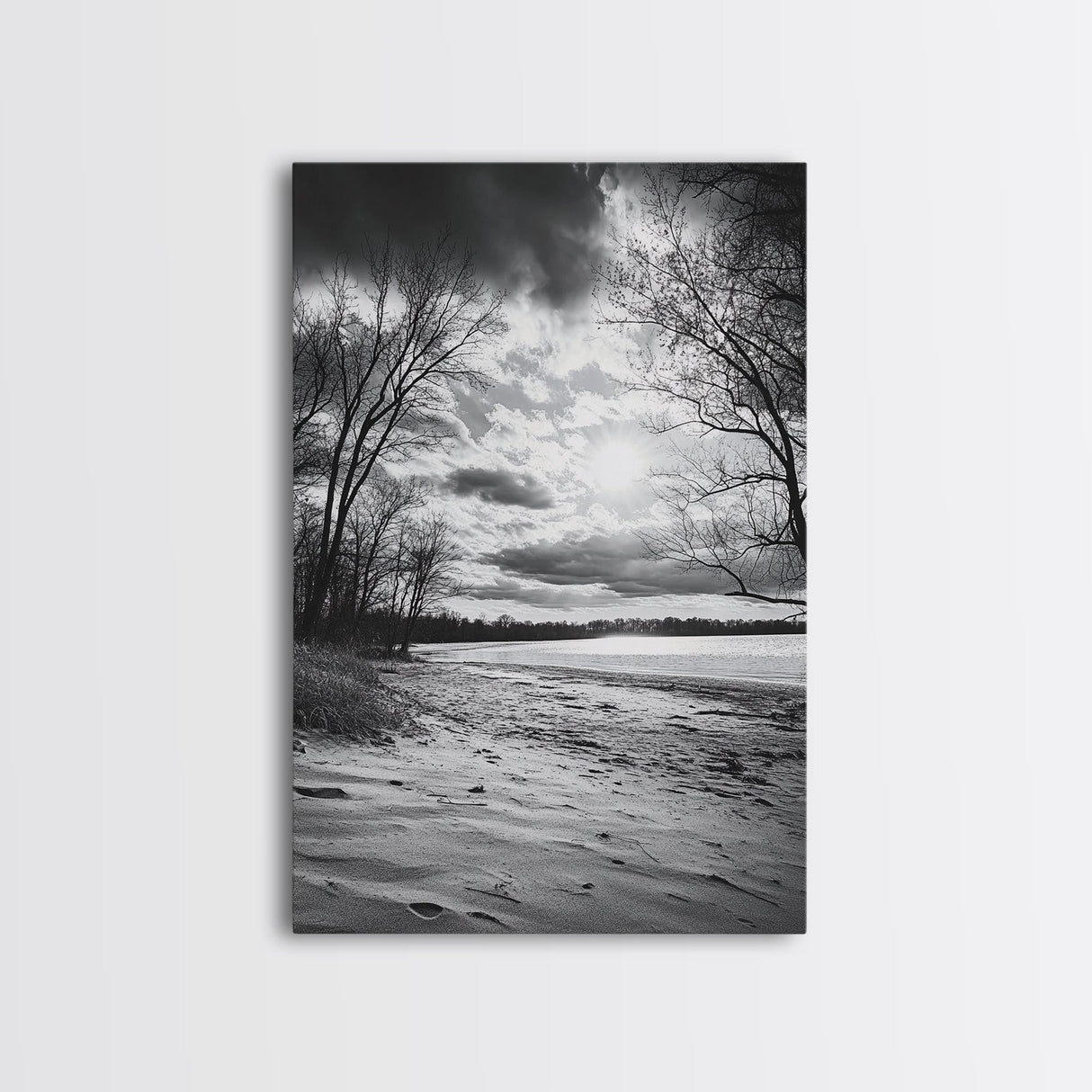 Dramatic Beach Sunset, Bare Trees Silhouette, Nature Photography, Framed Canvas Print, Fall Wall Art, Entryway Decor, Rustic Minimalist