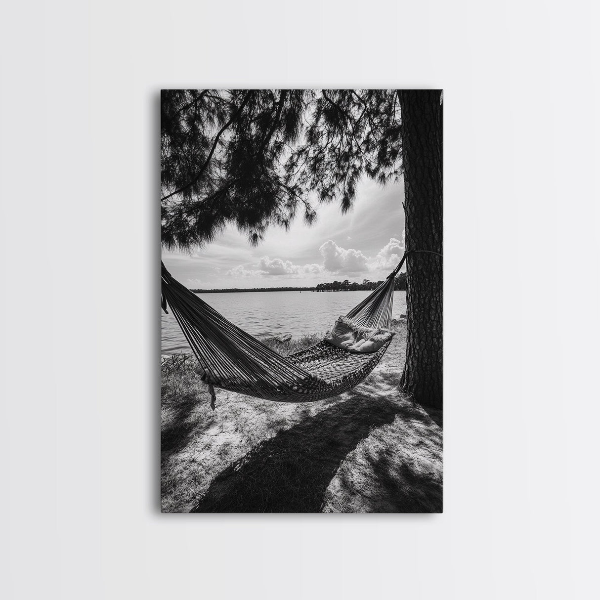 Hammock Lake View, Peaceful Retreat, Summer Breeze, Canvas Print, Boho Outdoor Art, Bedroom Relaxation Decor, Minimalist Coastal Vibe