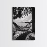 Hammock Lake View, Peaceful Retreat, Summer Breeze, Canvas Print, Boho Outdoor Art, Bedroom Relaxation Decor, Minimalist Coastal Vibe