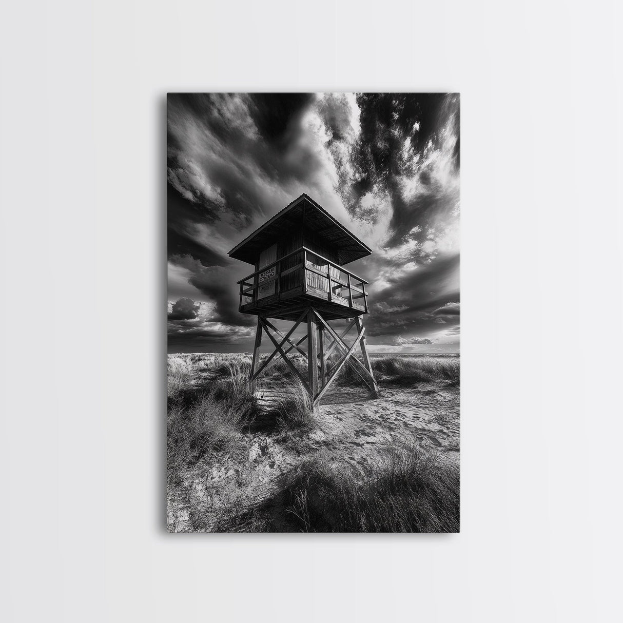 Lifeguard Tower Drama, Windy Beach Sky, Ocean Landscape, Canvas Print, Coastal Wall Art, Moody Surreal Decor, Living Room Statement Art